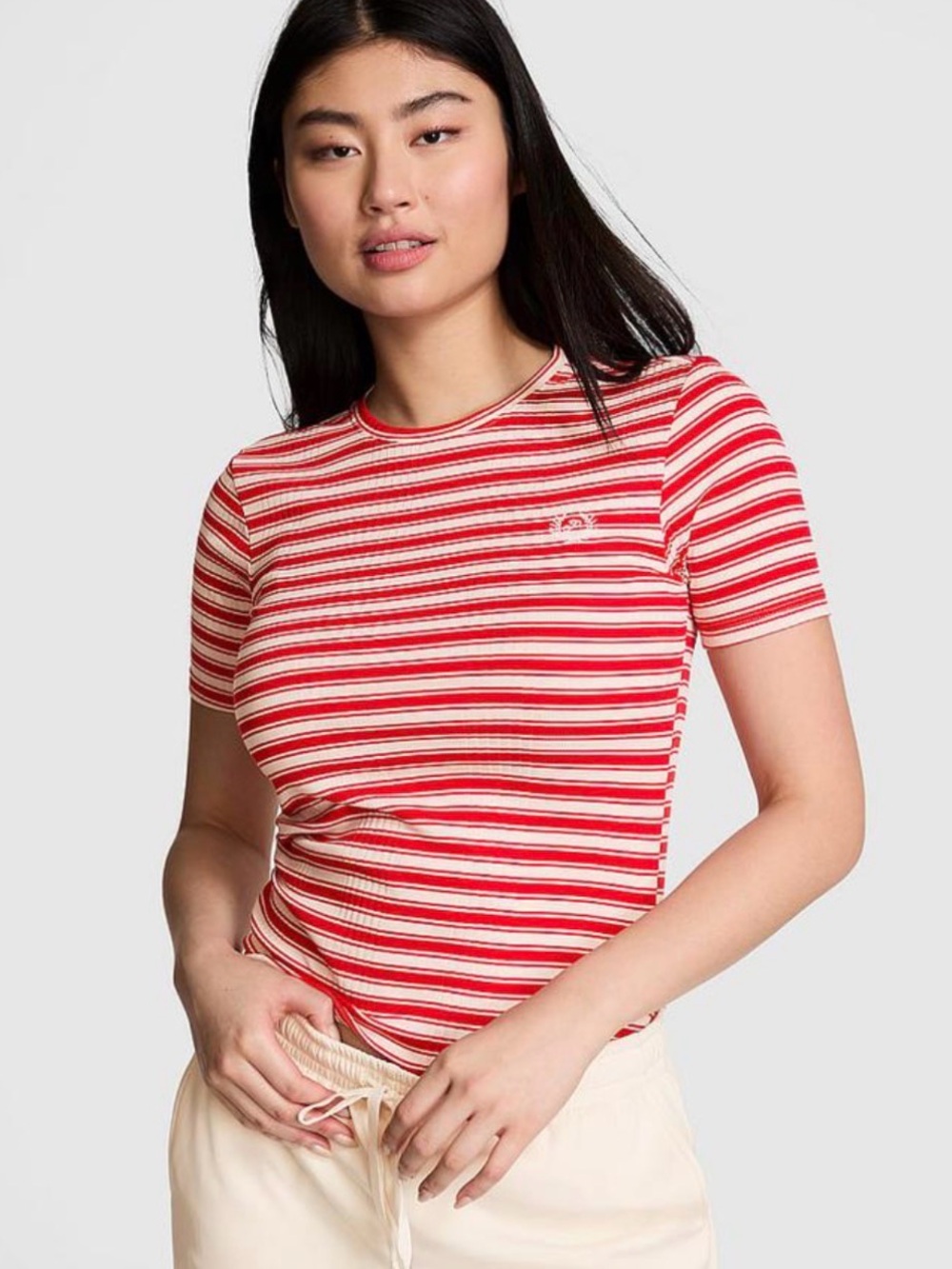 🤎 NWT Victoria’s Secret PINK Multi Rib Tee Red Pepper Stripe - Medium (01138-3)
